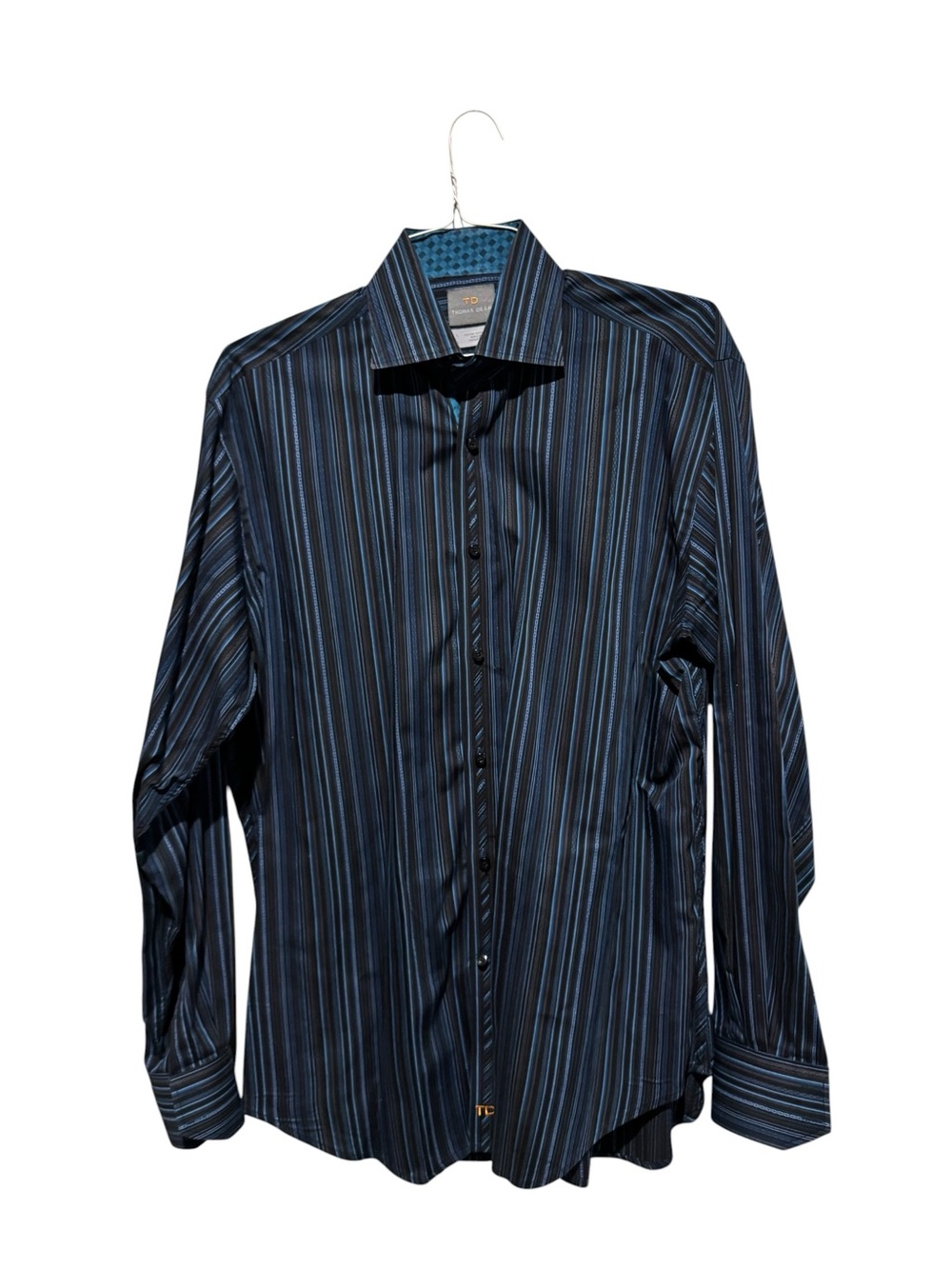 Thomas Dean Men's Black and Blue Striped Dress Shirt